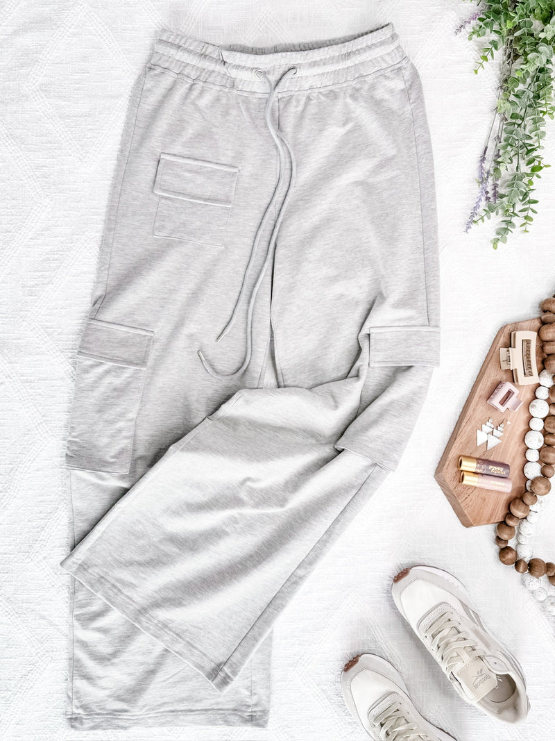 Wide Leg Cargo Sweats In Marbled Grey - Maple Row Boutique 