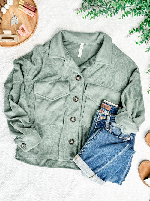Terry Cloth Light Shacket In Soft Sea Green - Maple Row Boutique 