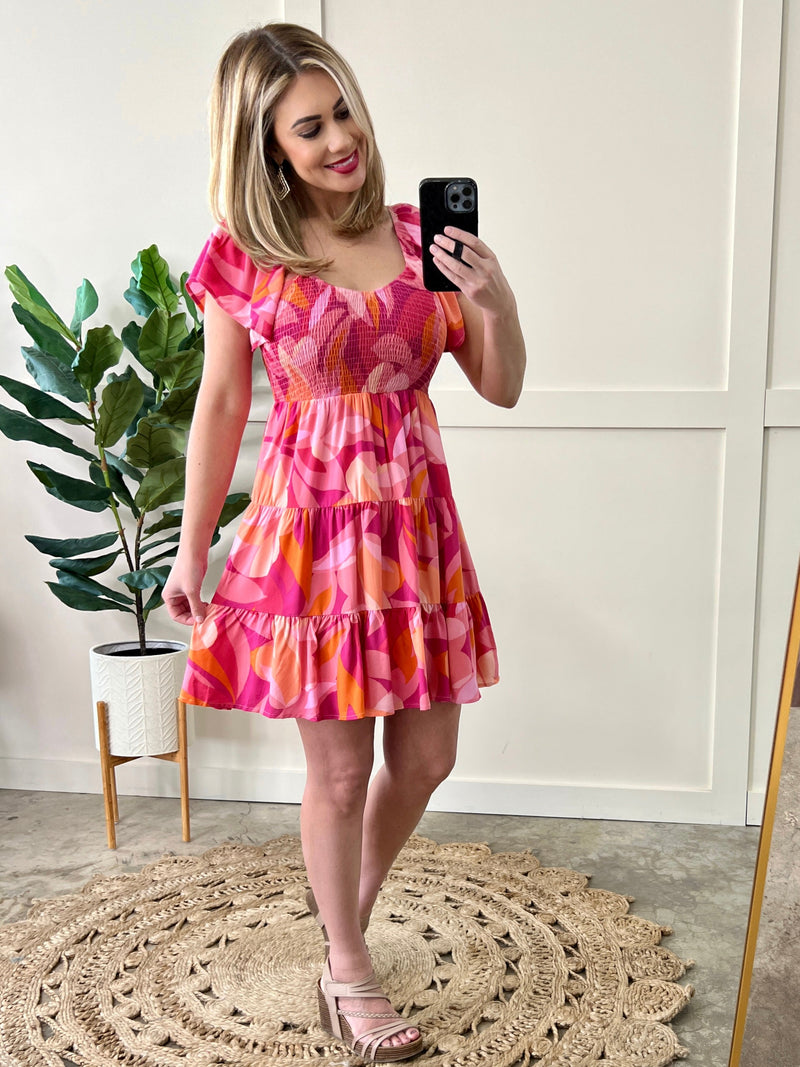 Smocked Midi Dress In Bright Disco Days - Maple Row Boutique 