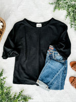 Waffle Knit Top In Textured Black With Pinned Sleeves - Maple Row Boutique 