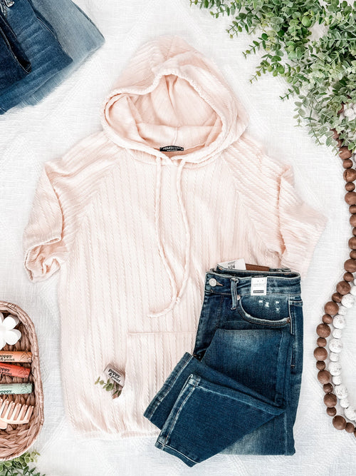 Short Sleeve Cable Knit Hoodie In Buttercream - Maple Row Boutique 