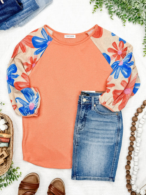 Floral Sleeve Knit Top In Coral Multi - Maple Row Boutique 