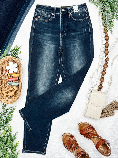Tummy Control Slim Fit Judy Blue Jeans In Dark Blue - Maple Row Boutique 