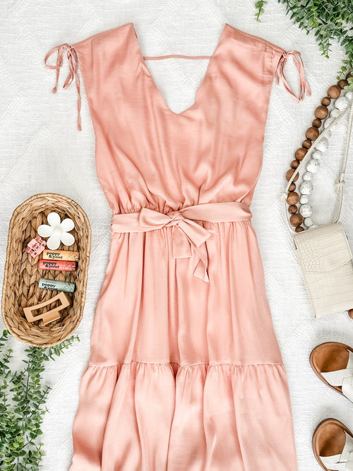 Tiered Midi Dress In Peachy Queen - Maple Row Boutique 