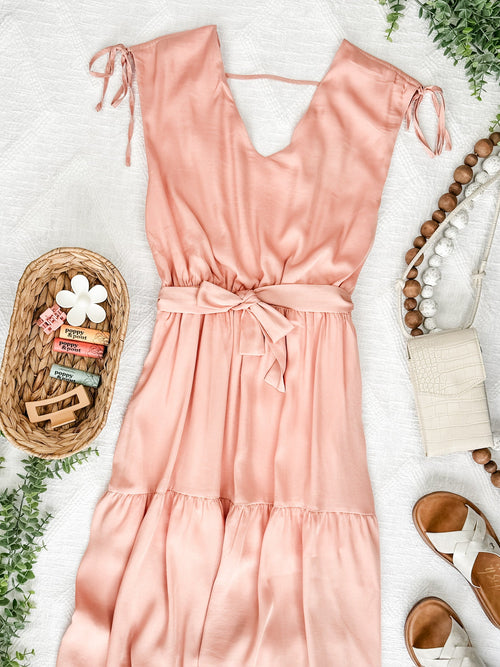 Tiered Midi Dress In Peachy Queen - Maple Row Boutique 