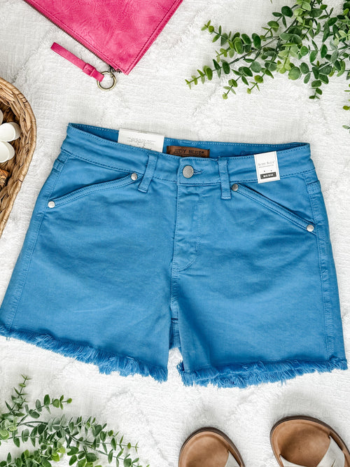 Mid Rise Frayed Hem Shorts By Judy Blue Jeans In Sky Blue - Maple Row Boutique 
