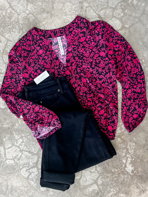 Gabby Front Top With Button Sleeve Detail In Magenta Florals - Maple Row Boutique 