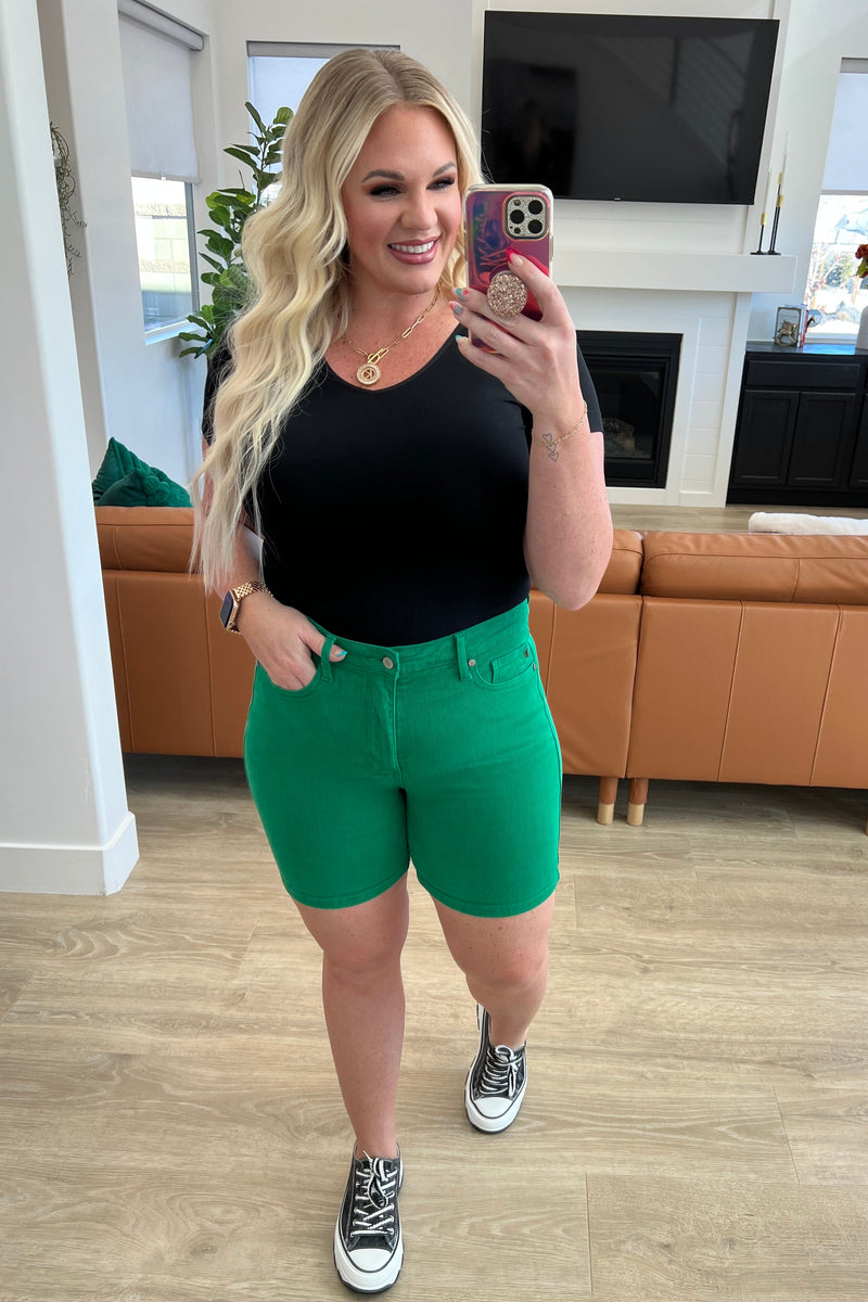Jenna High Rise Control Top Cuffed Shorts in Green - Maple Row Boutique 