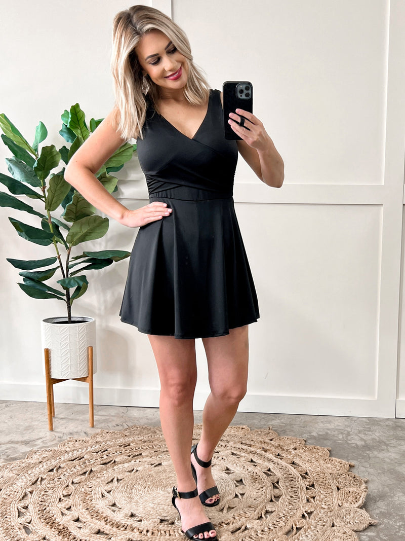 Sleeveless Dress With Shorts In Deep Black - Maple Row Boutique 