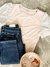Sequin Sleeve Detailed Top In Nude - Maple Row Boutique 