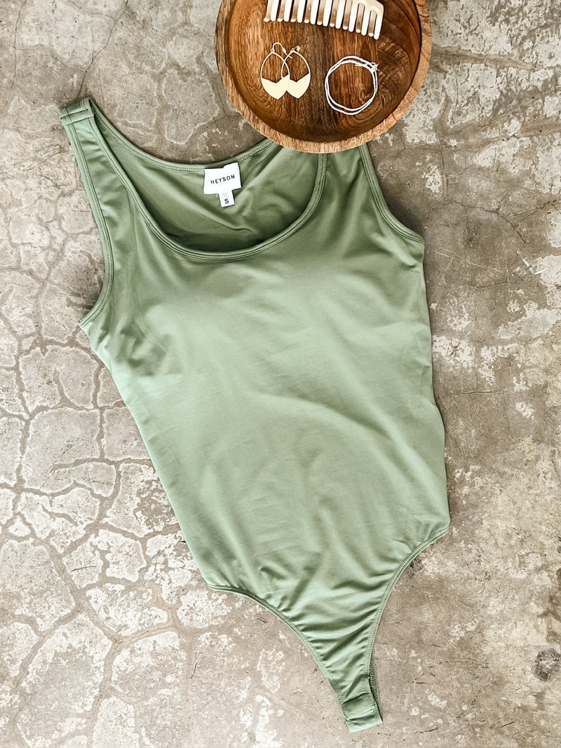 Sleeveless Bodysuit With Built-In Bra In Sage - Maple Row Boutique 