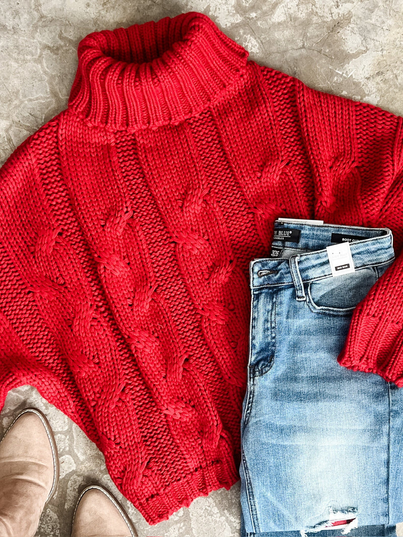 Cozy Cable Knit Sweater In Christmas Red - Maple Row Boutique 