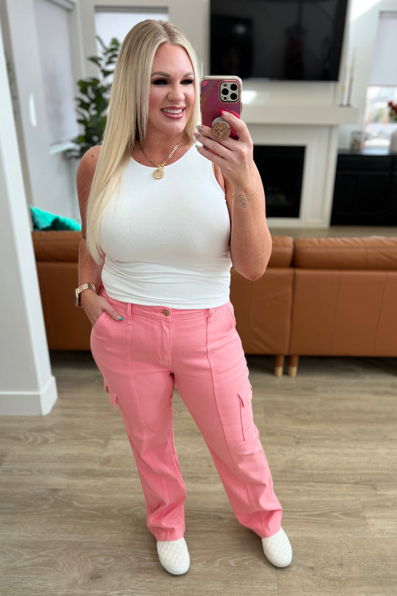 Peggy High Rise Cargo Straight Jeans in Pink - Maple Row Boutique 