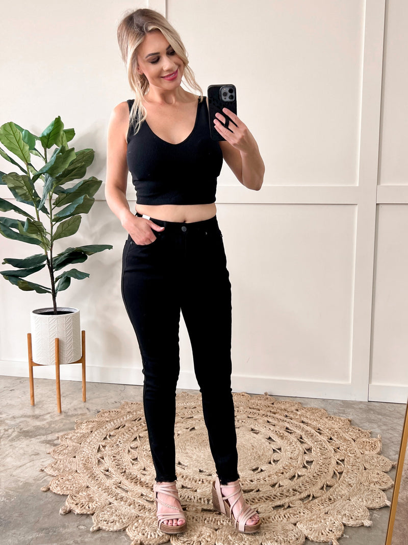 Distressed Hem Black Tummy Control Skinny Judy Blue Jeans - Maple Row Boutique 