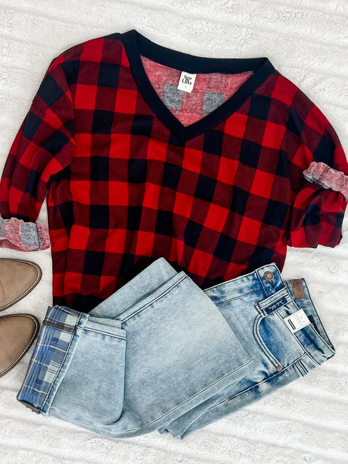 V Neck Long Sleeve Knit Top In Red Buffalo Plaid - Maple Row Boutique 