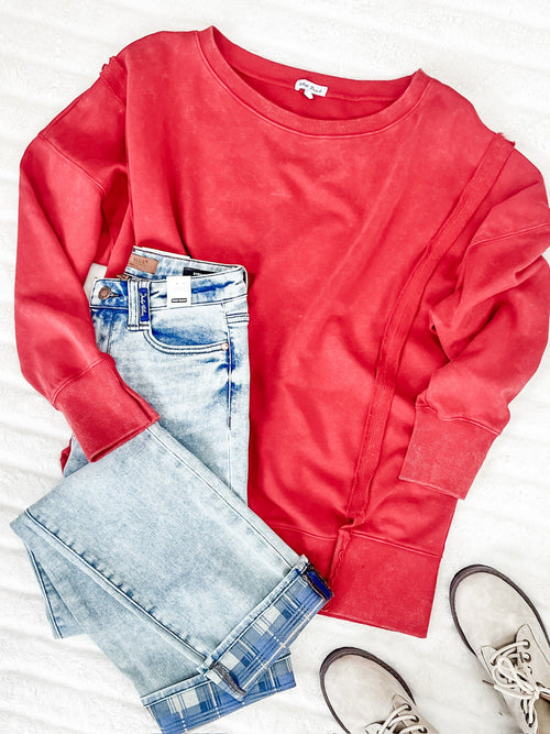 Oversized Sweatshirt Pullover With Raw Seam Detail In Red - Maple Row Boutique 