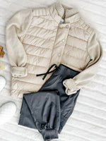 Puffer Sweater Jacket With Knit Detail In Vanilla - Maple Row Boutique 