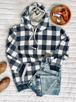 Checkered Plaid Sherpa Hoodie In Gray & White - Maple Row Boutique 