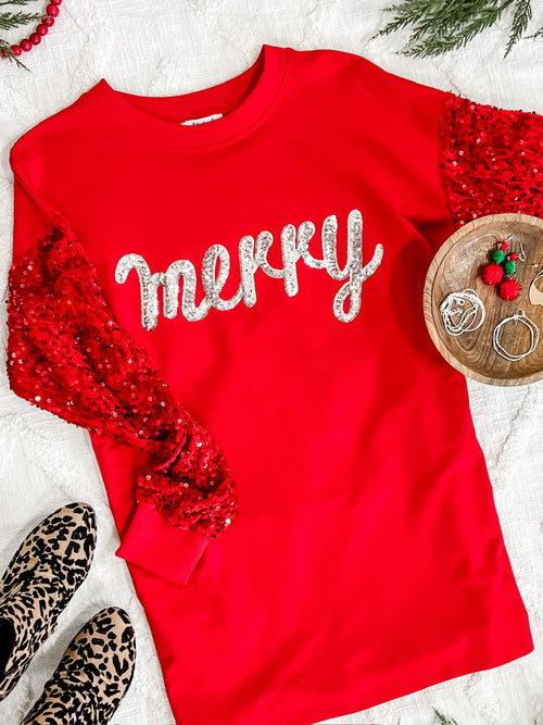 Merry Sequin Detailed Pullover In Holiday Red