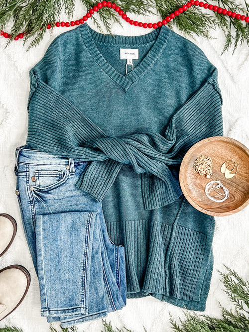11.29 V Neck Knit Sweater In Dusty Teal - Maple Row Boutique 