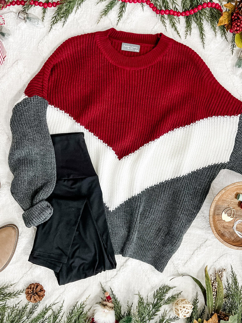 Cozy Knit Sweater In Burgundy White & Grey Chevron - Maple Row Boutique 
