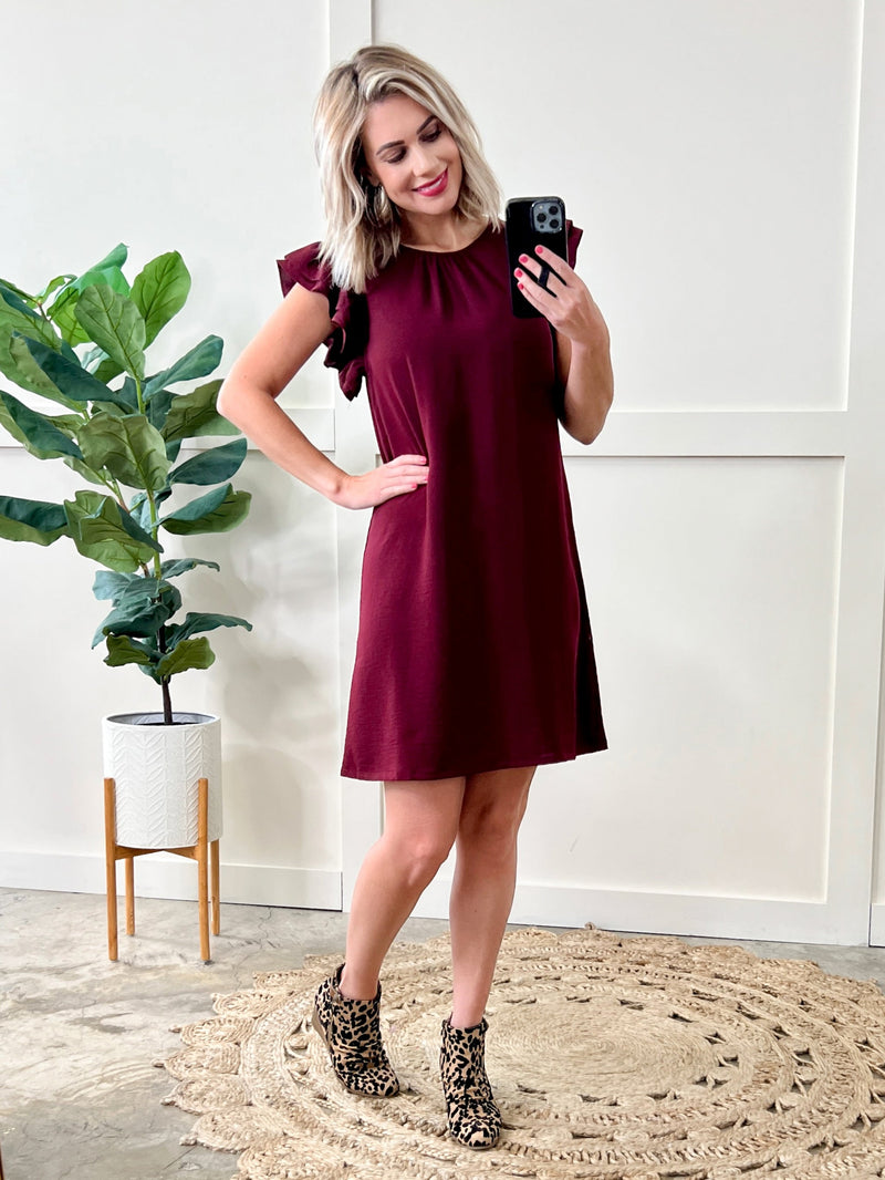Double Ruffle Sleeve Shift Dress In Classic Merlot - Maple Row Boutique 