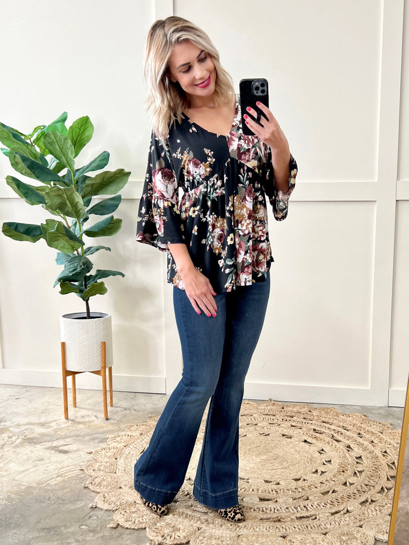 Bell Sleeve Babydoll Blouse In Black Garden Rose - Maple Row Boutique 