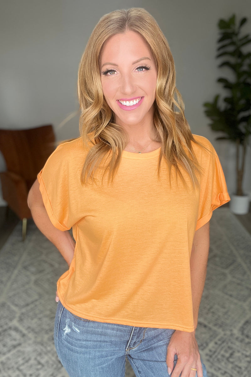 Round Neck Cuffed Sleeve Top in Neon Orange - Maple Row Boutique 