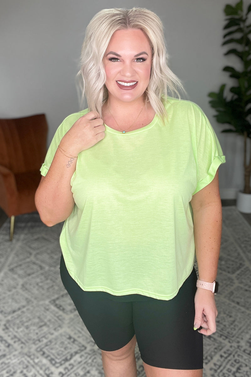 Round Neck Cuffed Sleeve Top in Lime - Maple Row Boutique 