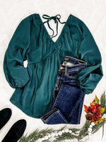 Elegant Shadow Blouse With Tie Back Detail In Midnight Emerald - Maple Row Boutique 