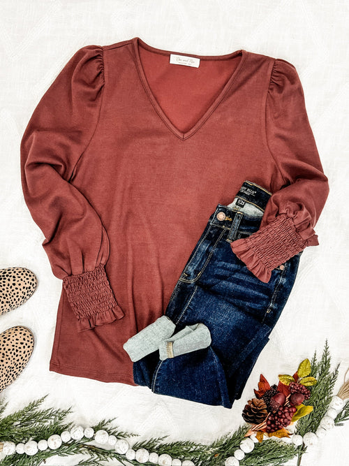 V Neck Top With Smocked Sleeve Detail In Urban Rose - Maple Row Boutique 