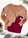 Button Front Knit Top With Elbow Patch Detail In Chesnut - Maple Row Boutique 