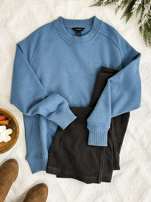 Crewneck Pullover With Sweater Knit Detail In Dusty Blue - Maple Row Boutique 