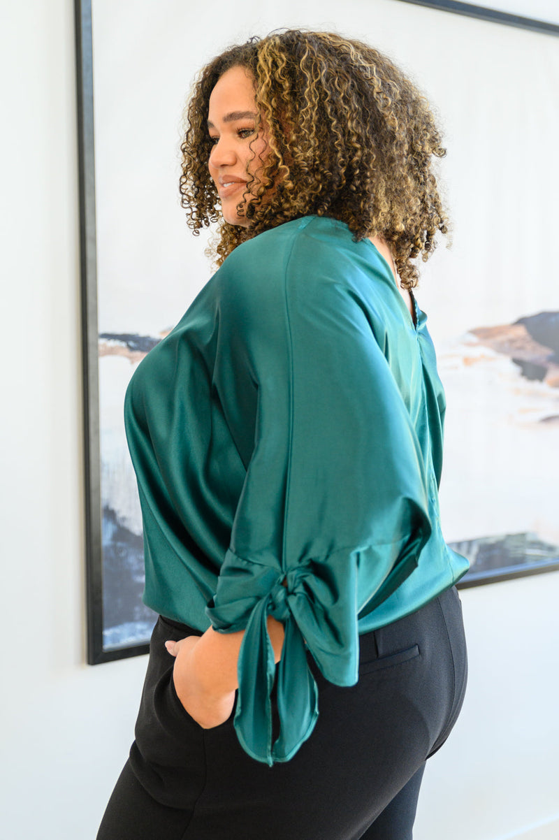 Jaz Dolman Tie Sleeve Blouse in Green - Maple Row Boutique 