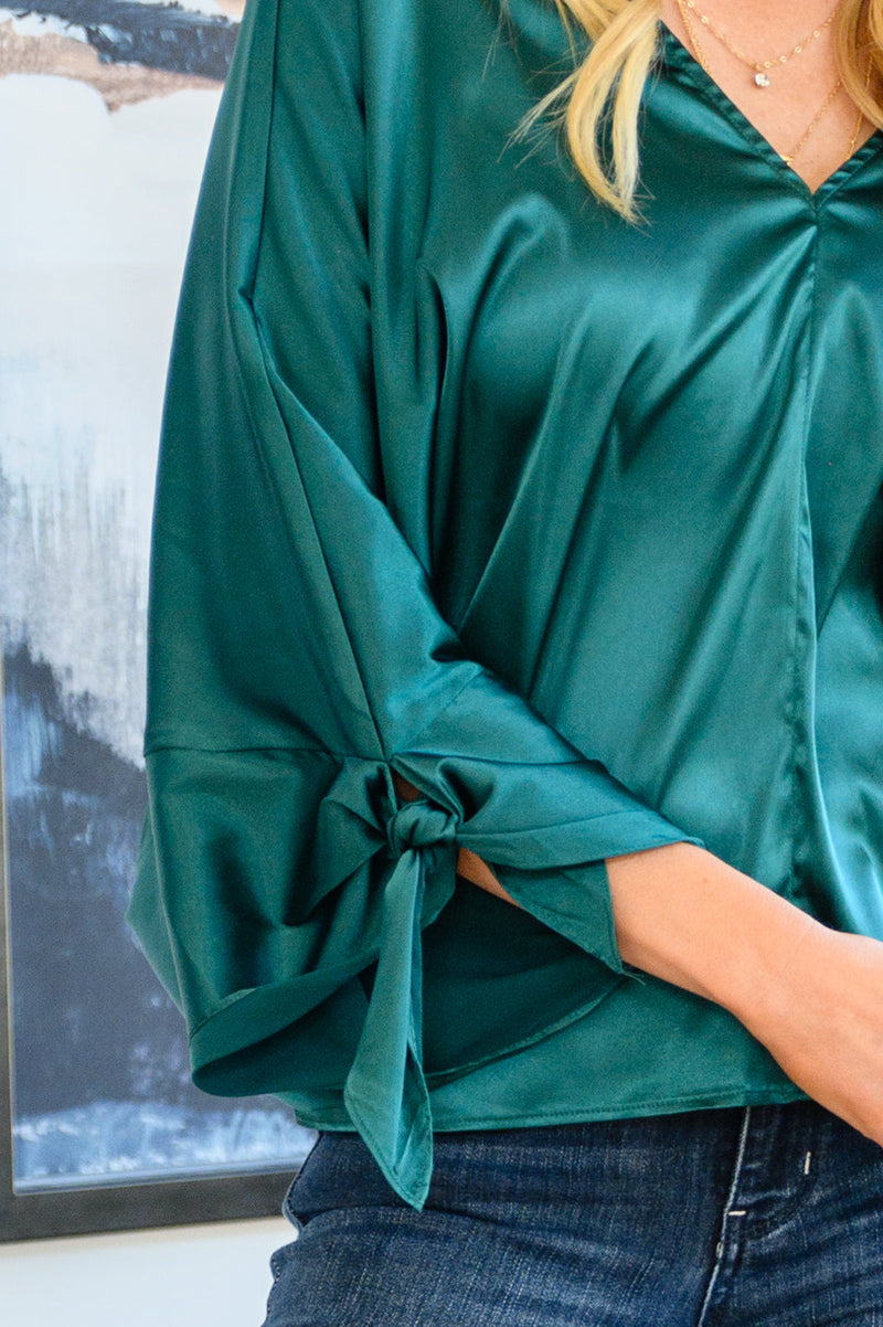 Jaz Dolman Tie Sleeve Blouse in Green - Maple Row Boutique 