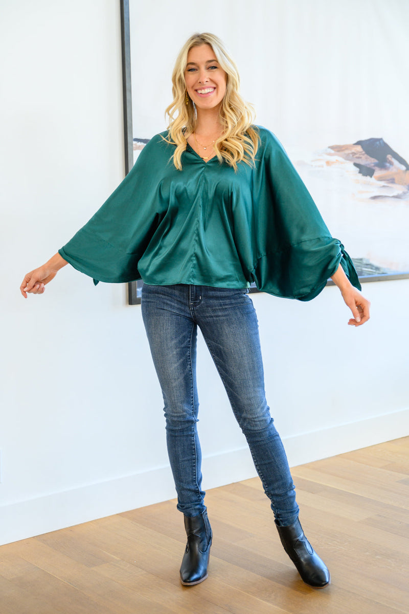 Jaz Dolman Tie Sleeve Blouse in Green - Maple Row Boutique 