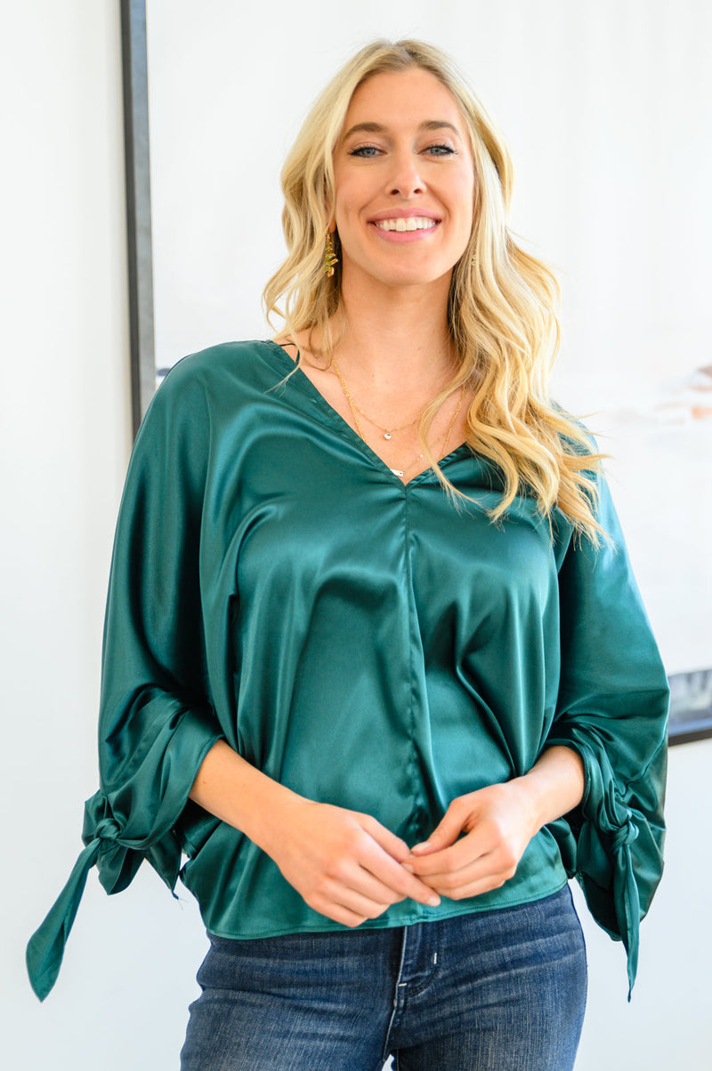 Jaz Dolman Tie Sleeve Blouse in Green - Maple Row Boutique 