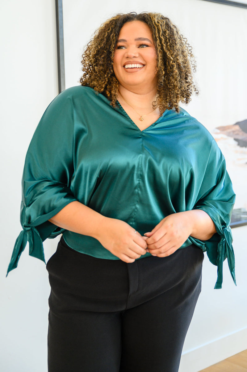 Jaz Dolman Tie Sleeve Blouse in Green - Maple Row Boutique 