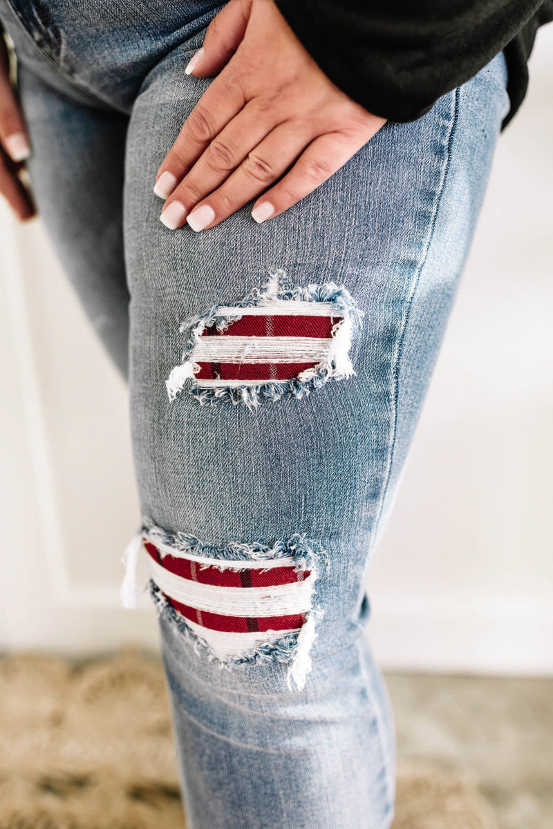 Mid Rise Bootcut Judy Blue Jeans With Plaid Patch Detail - Maple Row Boutique 