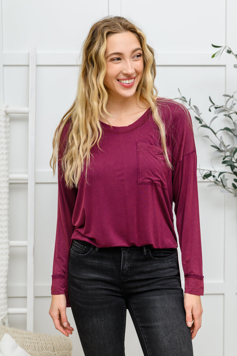Long Sleeve Knit Top With Pocket In Burgundy - Maple Row Boutique 
