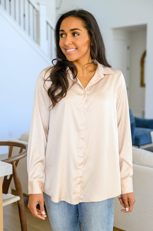Loved For Years Satin Button Up In Beige - Maple Row Boutique 