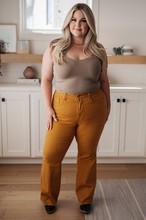 Melinda High Rise Control Top Flare Jeans in Marigold - Maple Row Boutique 