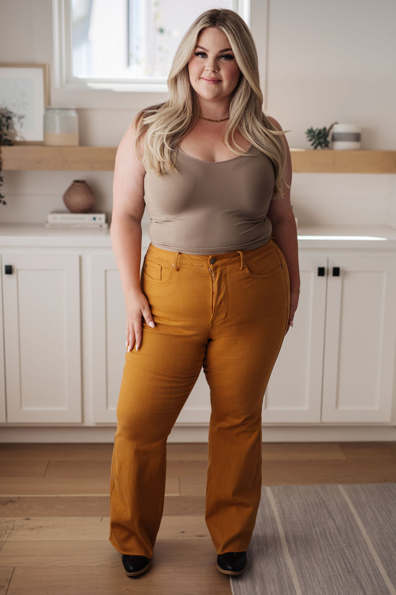 Melinda High Rise Control Top Flare Jeans in Marigold - Maple Row Boutique 