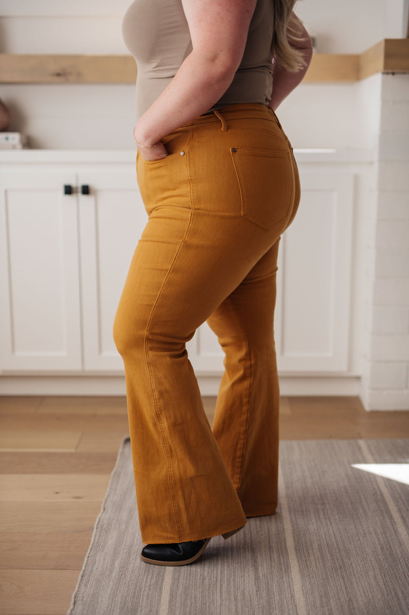 Melinda High Rise Control Top Flare Jeans in Marigold - Maple Row Boutique 