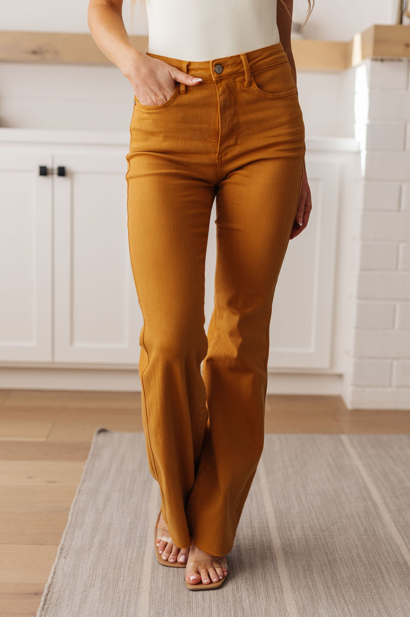 Melinda High Rise Control Top Flare Jeans in Marigold - Maple Row Boutique 