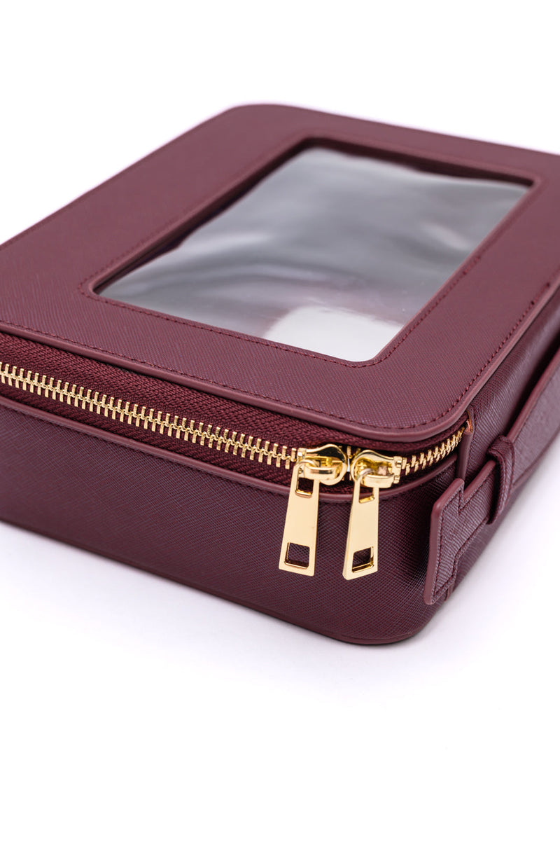 burgundy travel makeup bag PU Leather Travel Cosmetic Case in Wine – Maple Row Boutique