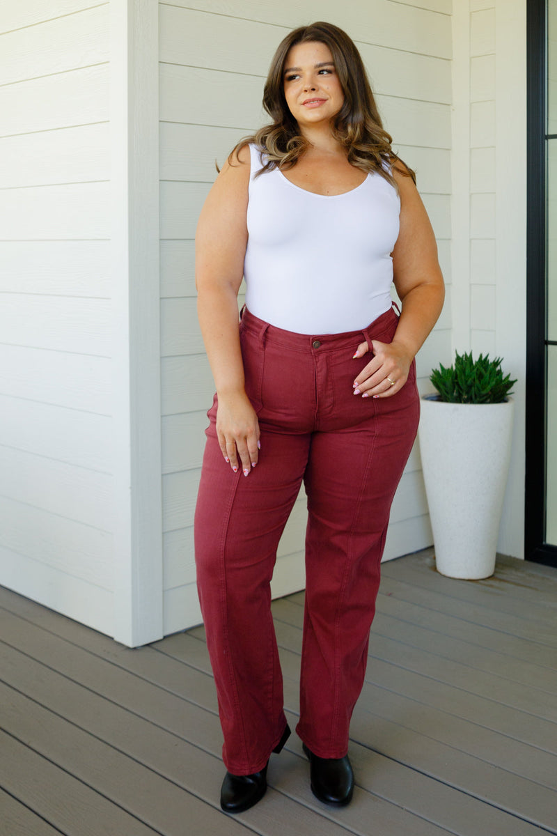 Phoebe High Rise Front Seam Straight Jeans in Burgundy - Maple Row Boutique 