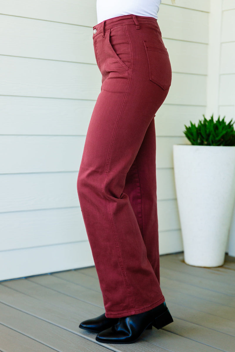 Phoebe High Rise Front Seam Straight Jeans in Burgundy - Maple Row Boutique 