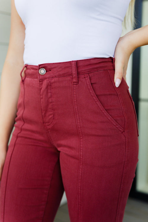 Phoebe High Rise Front Seam Straight Jeans in Burgundy - Maple Row Boutique 