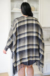 Plaid Fringe Trimmed Open Poncho in Black - Maple Row Boutique 